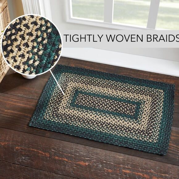 Farmhouse Jute Braided Rectangle Throw Rug Pine Green Tan Floor Mat Rustic - Picture 5 of 5